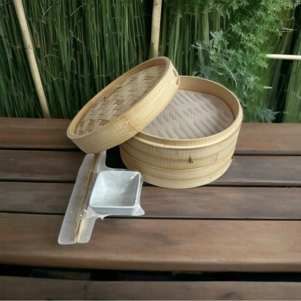 KitchenCrust 10" 2-Tier Bamboo Steamer Set with Chopsticks Sauce Dish NOB